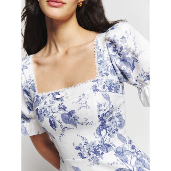 REFORMATION Evianna Linen Blue & White Toile Puff Sleeve Mini Dress US 10 NWT - Picture 4 of 14